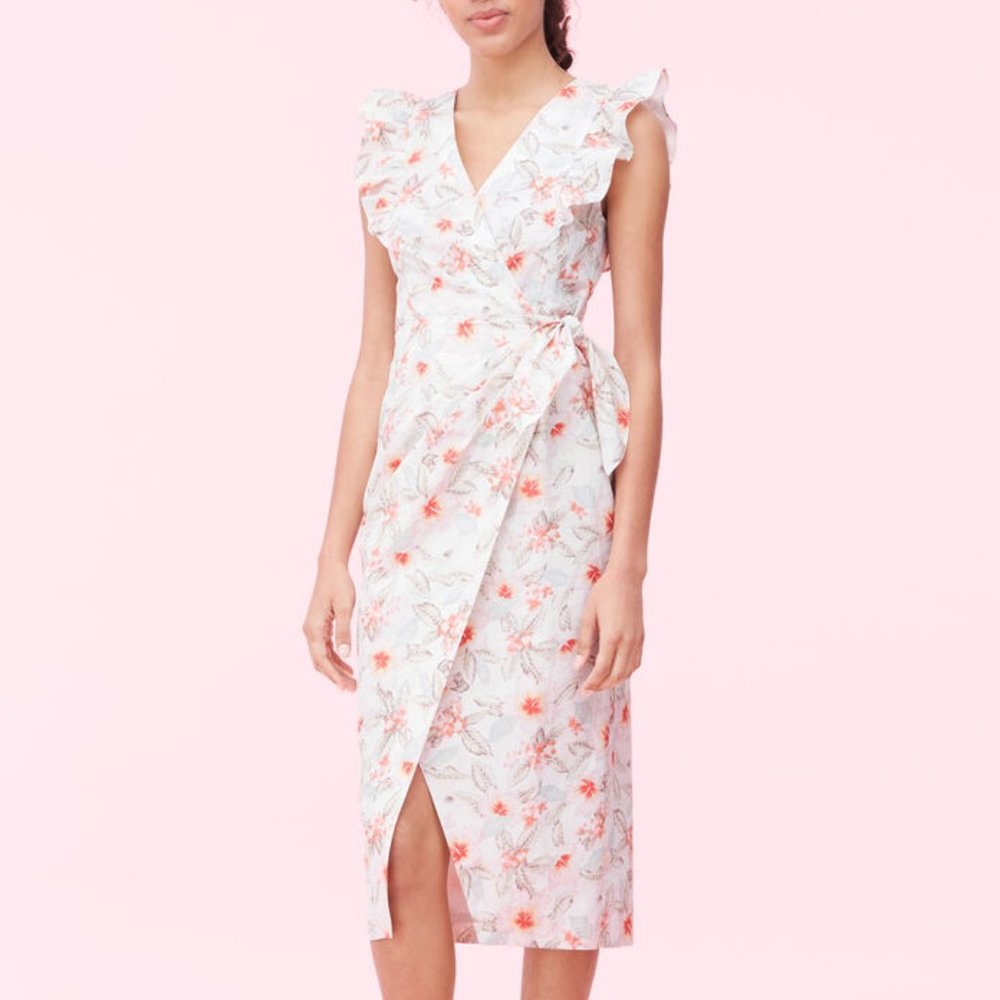 Rebecca Taylor "Kamea Fleur" Ivory Linen Hawaiian Floral Midi Wrap Dress